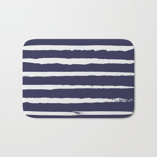 Irregular Hand Painted Stripes Dark Blue Bath Mat