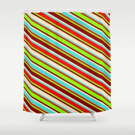 [ Thumbnail: Colorful Turquoise, Red, Chartreuse, Dark Red & Bisque Colored Striped/Lined Pattern Shower Curtain ]