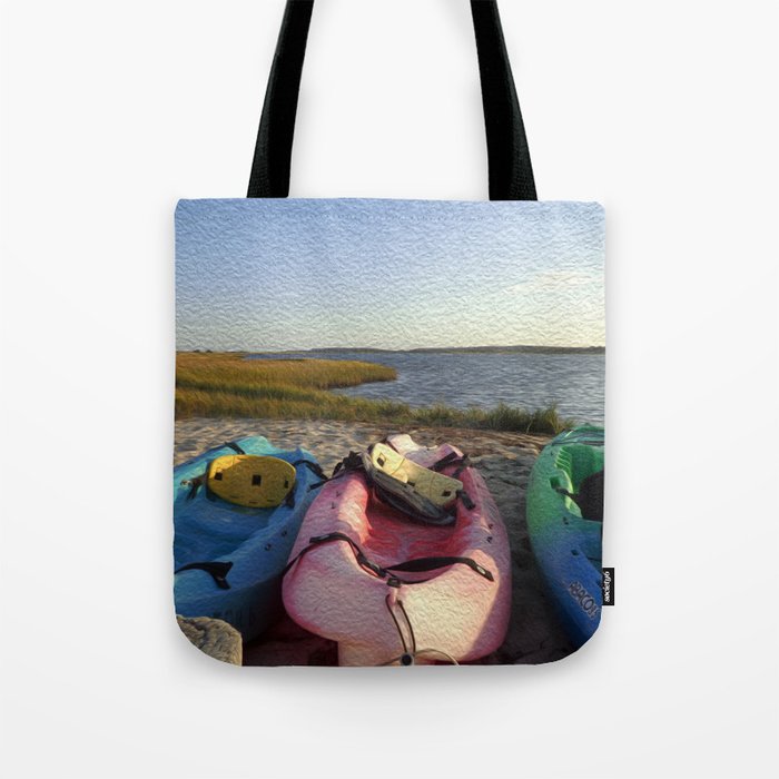 Kayaks Parked on the Beach Digital Oil Painting Tote Bag