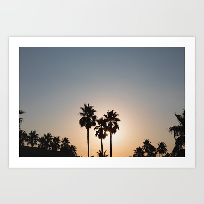 Silhouette palm trees at Sunset with pastel sky, Travel Photography Art Print