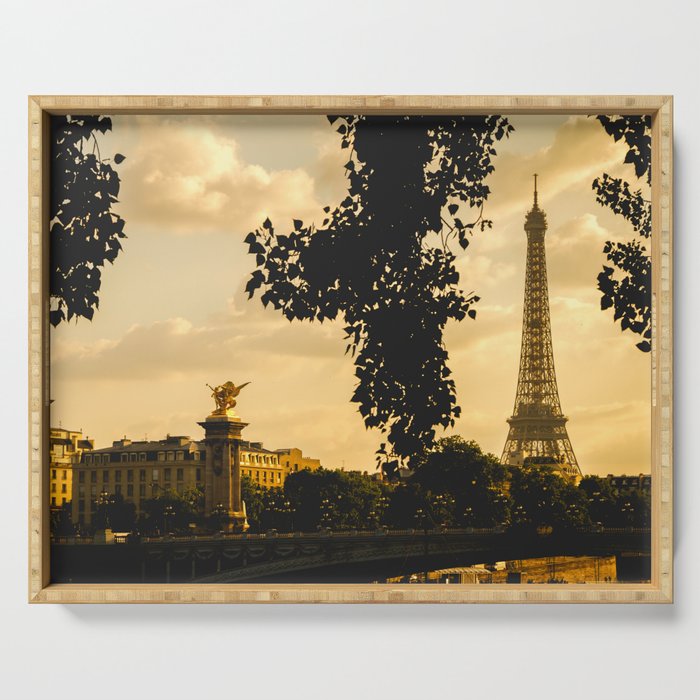 Looking over the Sine River at sunset, towards the Eiffel Tower in Paris, France Serving Tray