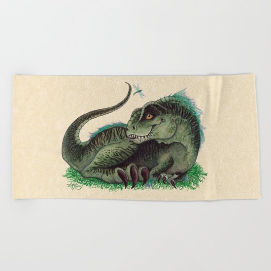"Pinfeathers" by Amber Marine ~ T-Rex Dinosaur Watercolor illustration, (c) 2016 Beach Towel