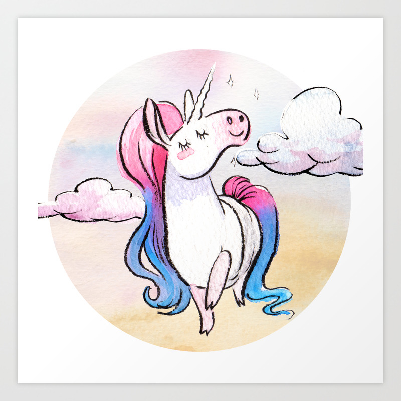 Chubby Unicorn Pink Blue Art Print By Ladyfawn Society6