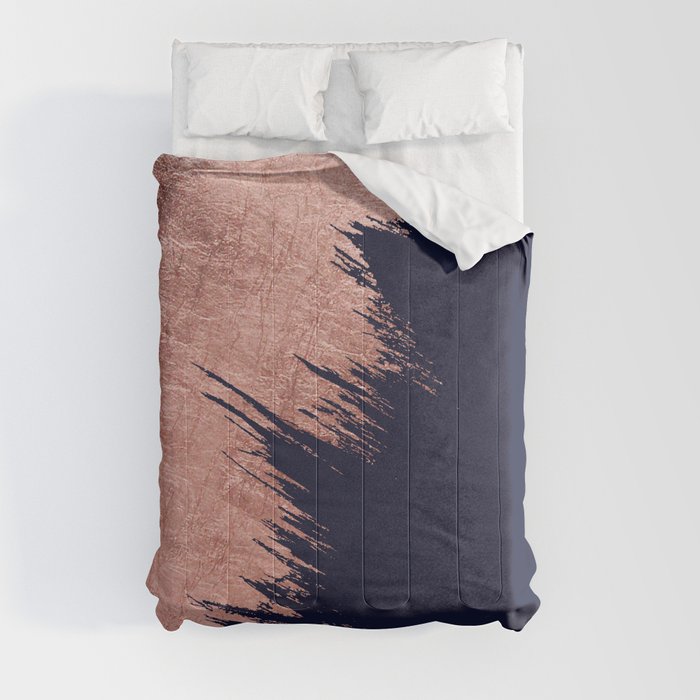 Navy blue abstract faux rose gold brushstrokes Comforter