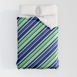[ Thumbnail: Dark Blue and Green Colored Lines/Stripes Pattern Comforter ]