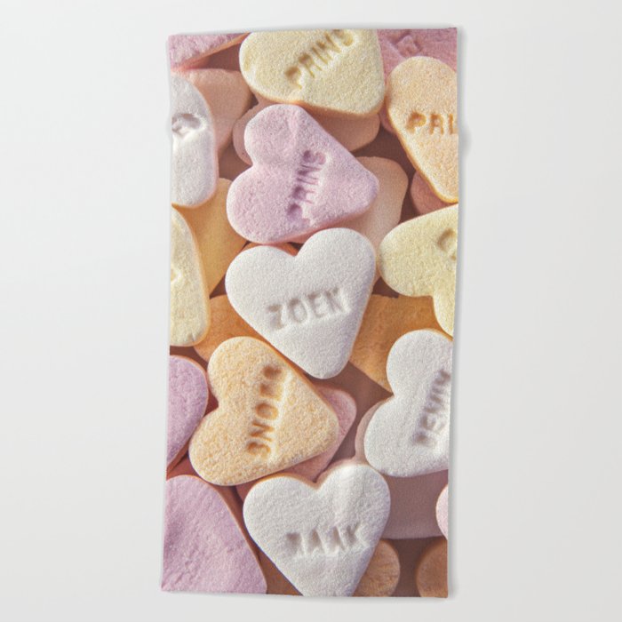 Valentine's pastel sugar hearts - dutch kiss sweet candy - food photography Beach Towel