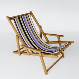 [ Thumbnail: Slate Blue, Pale Goldenrod, Black & Tan Colored Striped/Lined Pattern Sling Chair ]