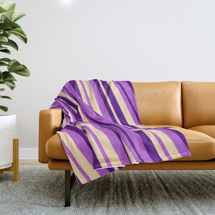 Beige, Indigo & Orchid Colored Lines Pattern Throw Blanket