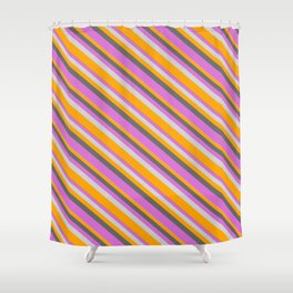 [ Thumbnail: Dim Gray, Orchid, Light Gray & Orange Colored Lined Pattern Shower Curtain ]