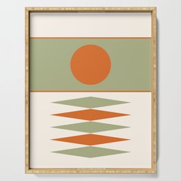 Abstract Geometric Sunrise 14 in Sage Green Orange Serving Tray