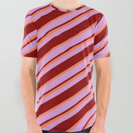 [ Thumbnail: Coral, Plum & Dark Red Colored Striped Pattern All Over Graphic Tee ]