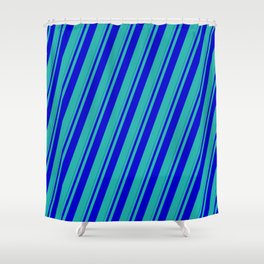 [ Thumbnail: Blue and Light Sea Green Colored Striped Pattern Shower Curtain ]
