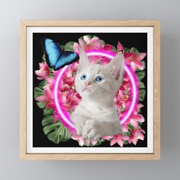Cute Kitten with blue butterfly on neon tropical background Framed Mini Art Print