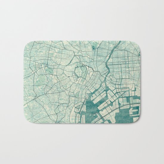 Tokyo Map Blue Vintage Bath Mat