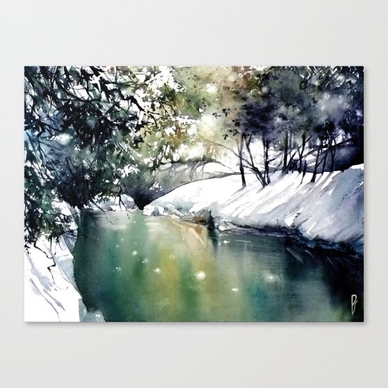 Running water down below in the dark, frozen forest Canvas Print