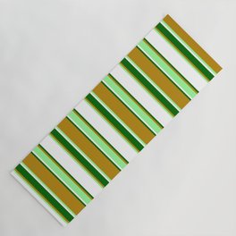 [ Thumbnail: Dark Goldenrod, Green, White & Dark Green Colored Striped Pattern Yoga Mat ]