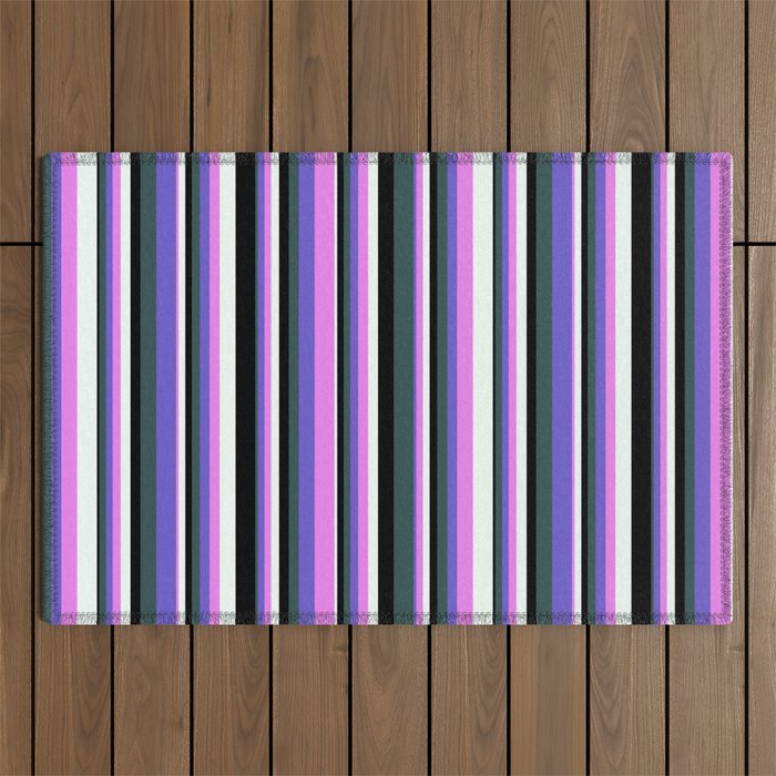 Eyecatching Dark Slate Gray, Slate Blue, Violet, Mint Cream, and Black Colored Pattern of Stripes Outdoor Rug