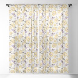 Honey Bees and Flowers - Yellow and Lavender Purple Sheer Curtain