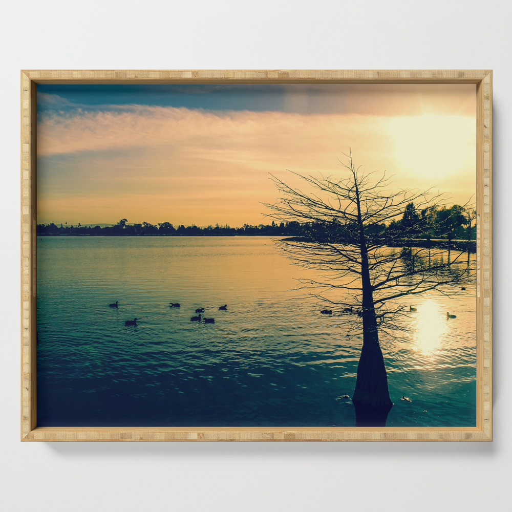Going Home (Winter Lake at Dusk) Serving Tray by graphictabby