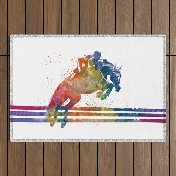 woman rides a horse in watercolor Outdoor Rug