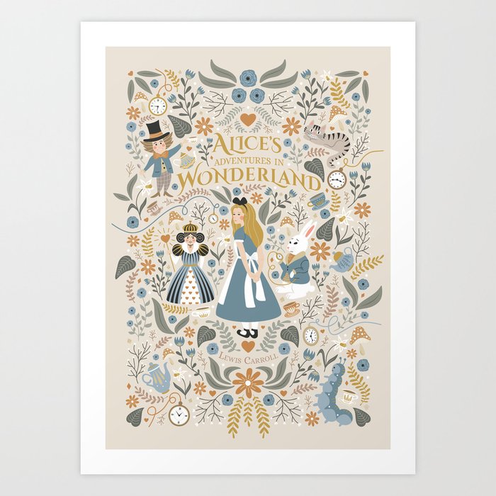 Alice in Wonderland - Beige Art Print | Graphic-design, Alice, Alice-in-wonderland, Fairytail, Illustration, Digital, Tea, Pattern, Queen-of-heart, Heart