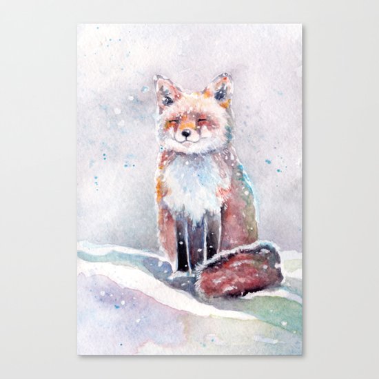 Fox in the Snow watercolor painting Canvas Print