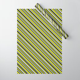 [ Thumbnail: Yellow, Dark Olive Green, Lavender & Black Colored Striped/Lined Pattern Wrapping Paper ]