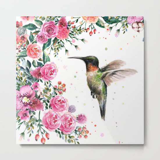 Hummingbird and Flowers Watercolor Animals Metal Print
