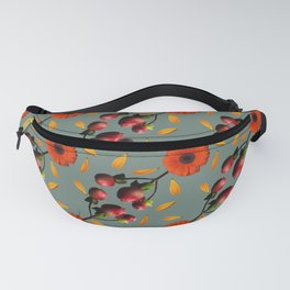 Vintage Style Berry Gerbera Photo Collage Red and Green Seamless Pattern Fanny Pack