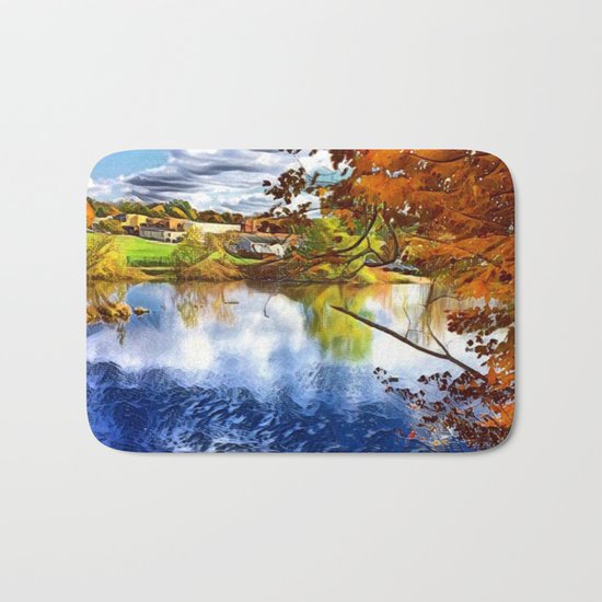 Romantic Fall River Town Nature View Bath Mat