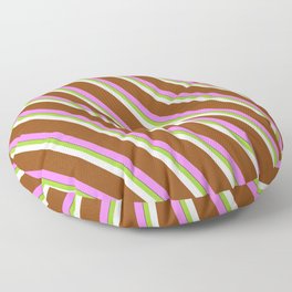 [ Thumbnail: Vibrant Green, White, Brown, Violet, and Black Colored Lines/Stripes Pattern Floor Pillow ]