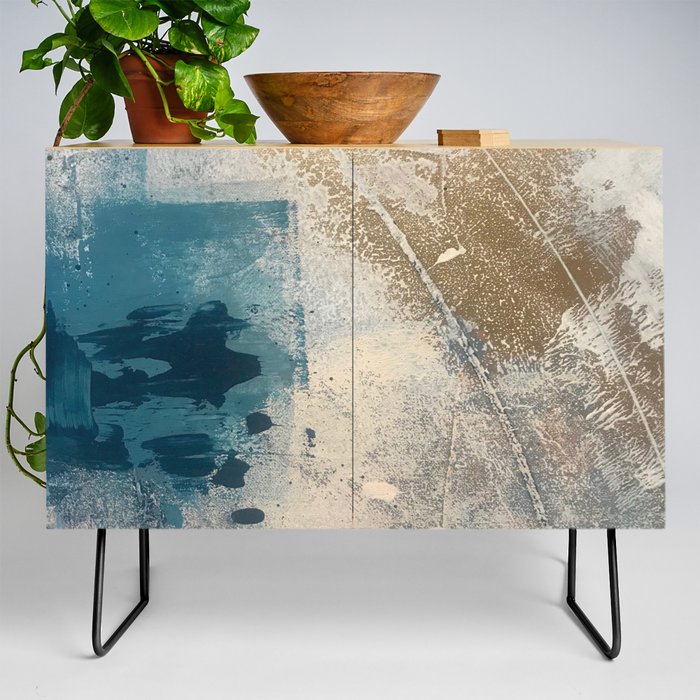Embrace: a minimal, abstract mixed-media piece in blues and gold with a hint of pink Credenza