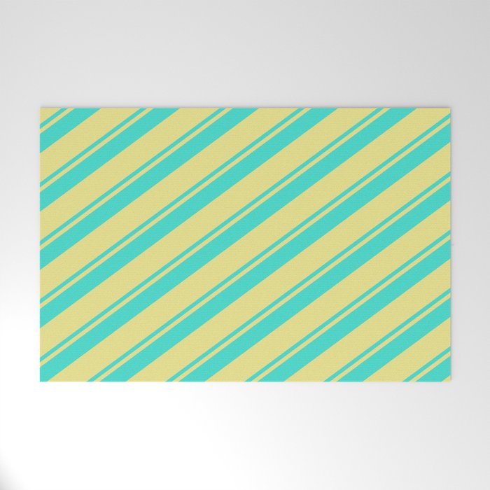 Turquoise and Tan Colored Lined/Striped Pattern Welcome Mat