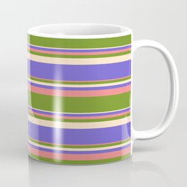 [ Thumbnail: Light Coral, Green, Bisque & Slate Blue Colored Striped/Lined Pattern Coffee Mug ]