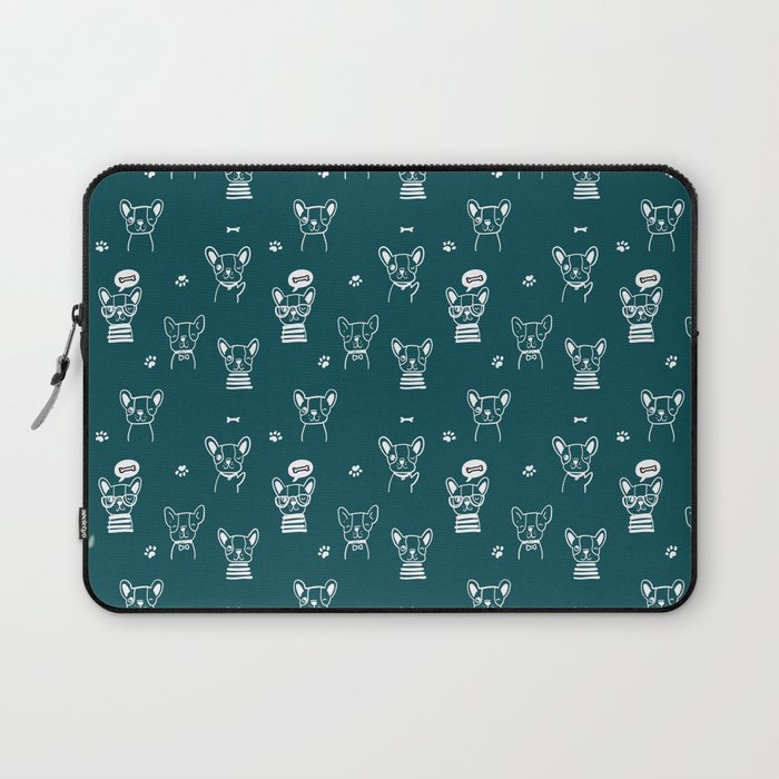 Teal Blue and White Hand Drawn Dog Puppy Pattern Laptop Sleeve