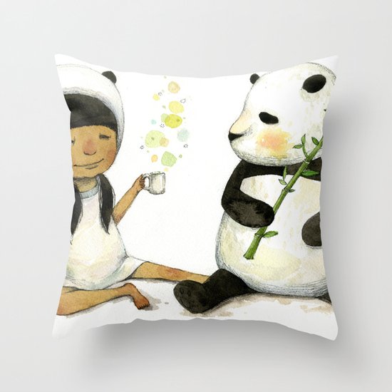 Tea Time with Panda Throw Pillow