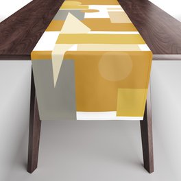 Mid-Century Modern Geometrica Pattern Mustard Ochre Cream Beige Grey White Table Runner