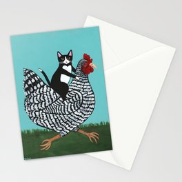 Tuxedo Cat Riding a Chicken Stationery Card