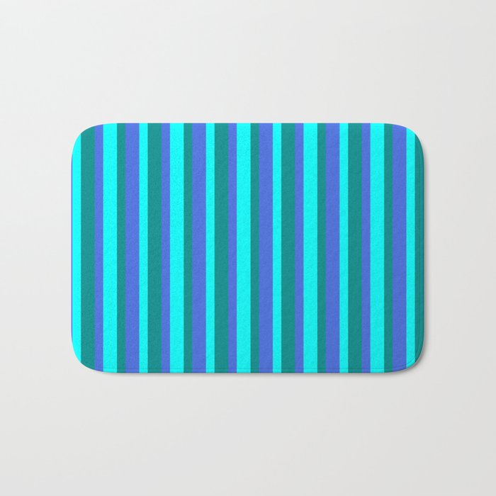 Royal Blue, Dark Cyan, and Aqua Colored Stripes/Lines Pattern Bath Mat