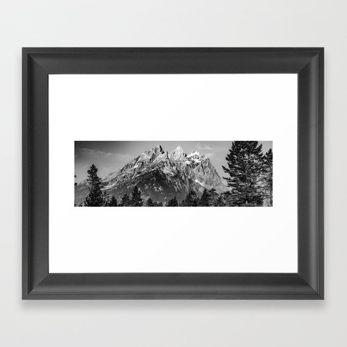 Giant Peaks Of The Grand Tetons - Black and White Panorama Framed Art Print