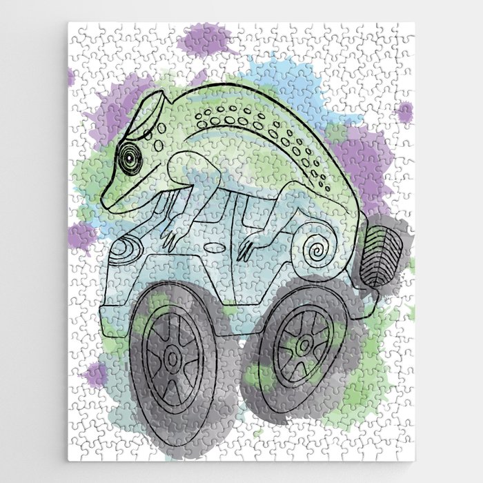 Chameleon Reptile on a Car. Watercolor Splashes Artwork. Jigsaw Puzzle