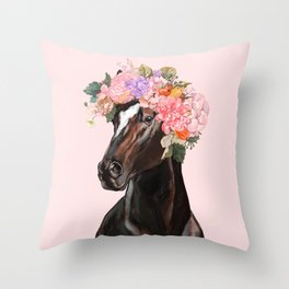 Horse with Flowers Crown in Pink Throw Pillow