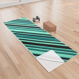 [ Thumbnail: Aquamarine, Teal, and Black Colored Pattern of Stripes Yoga Towel ]
