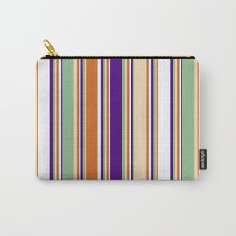 [ Thumbnail: Eyecatching Chocolate, Tan, Dark Sea Green, Indigo & White Colored Stripes Pattern Carry-All Pouch ]