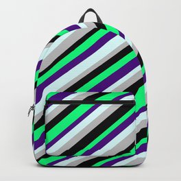 [ Thumbnail: Green, Indigo, Light Cyan, Grey, and Black Colored Lines Pattern Backpack ]