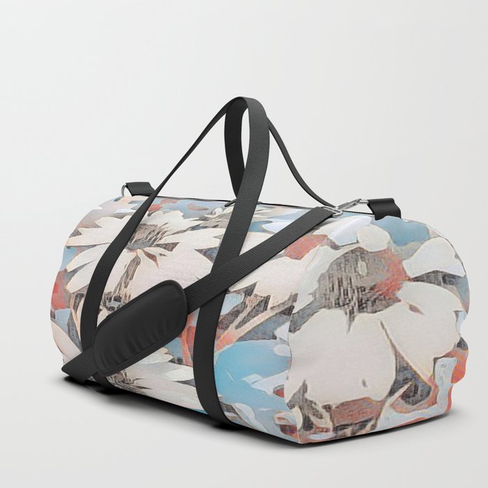 Abstract White Daisies Landscape on Sky Blue Duffle Bag