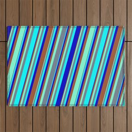 [ Thumbnail: Colorful Aquamarine, Slate Gray, Cyan, Blue & Sienna Colored Striped/Lined Pattern Outdoor Rug ]