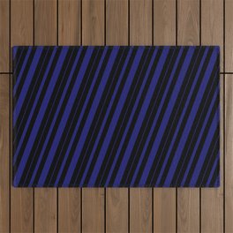 [ Thumbnail: Black & Midnight Blue Colored Striped Pattern Outdoor Rug ]
