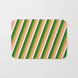 [ Thumbnail: Dark Goldenrod, Light Salmon, Mint Cream, and Green Colored Pattern of Stripes Bath Mat ]
