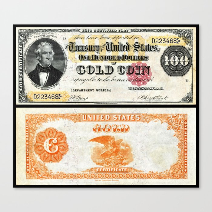 Vintage 1882 US $100 Dollar Bill Gold Certificate Wall Art Canvas Print